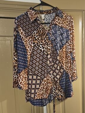 Cato Womens Mixed Print Two String-Front Adjustable Closer Blouse Medium